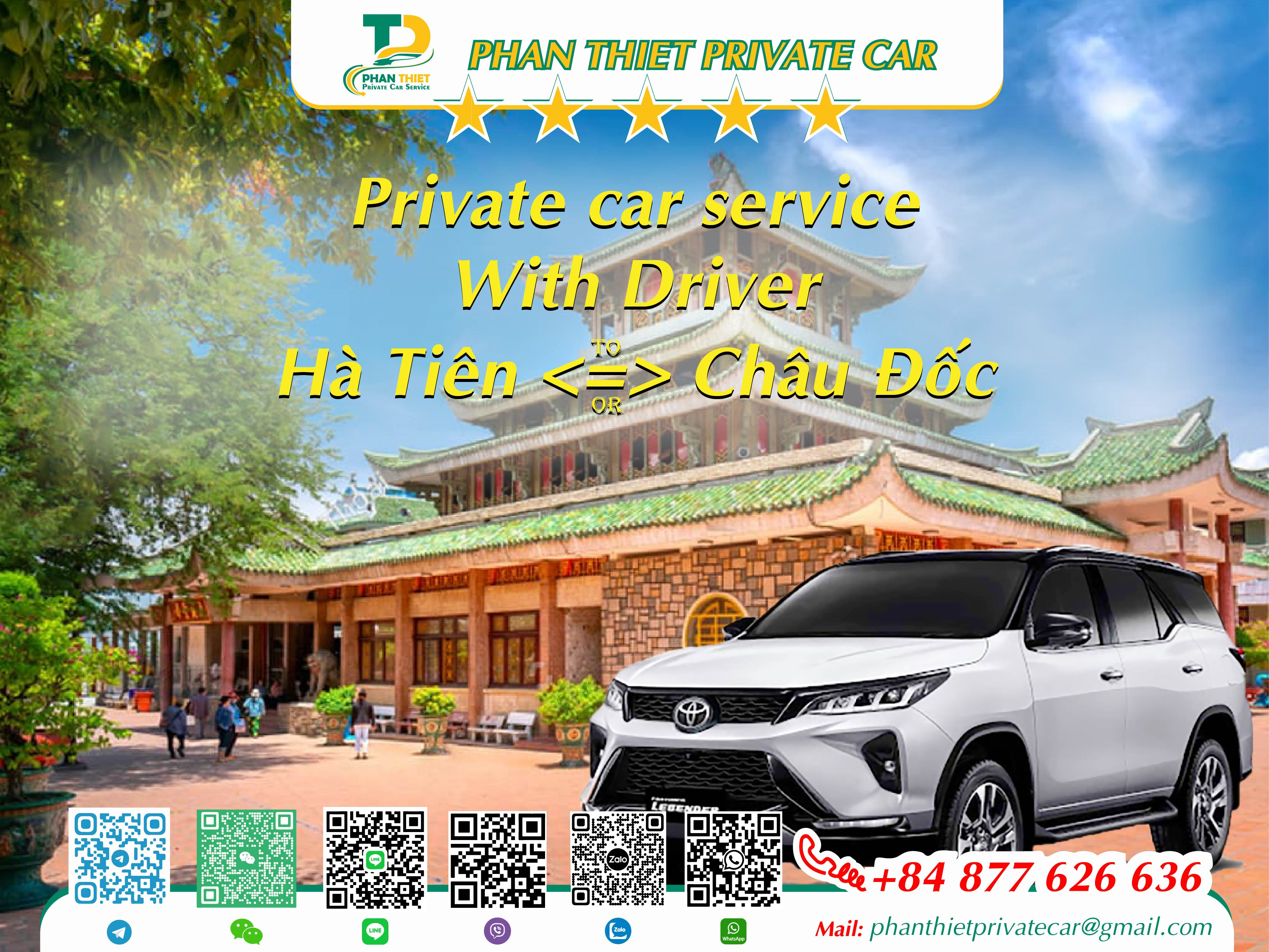 Car rental Ha Tien <=> Chau Doc (private car with driver)